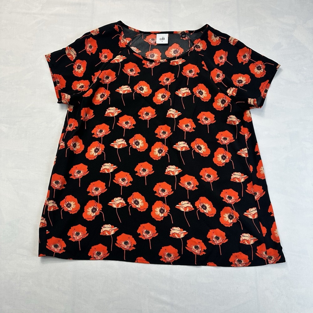 Cabi Women's Small Black Red Poppy Floral Short Sleeve Blouse Top